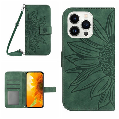 For iPhone 15 Pro Max Skin Feel Sun Flower Embossed Flip Leather Phone Case with Lanyard(Green) - iPhone 15 Pro Max Cases by buy2fix | Online Shopping UK | buy2fix