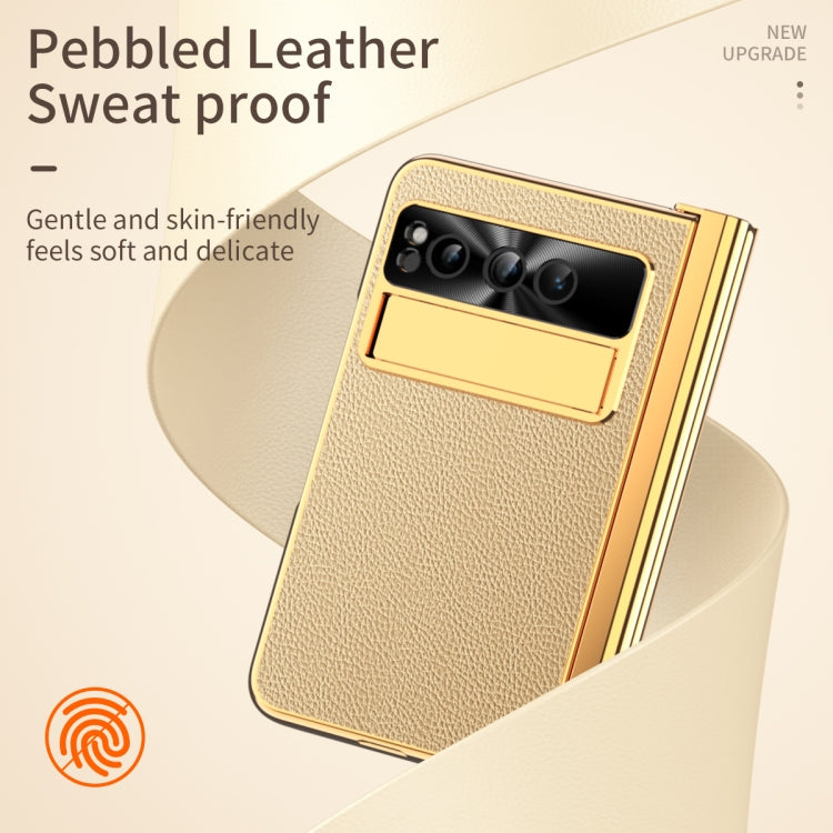 For Google Pixel Fold Litchi Pattern Electroplating Pen Slot Double Hinge Folding Phone Case with Stylus(Gold) - Google Cases by buy2fix | Online Shopping UK | buy2fix