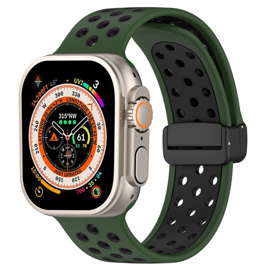 For Apple Watch Series 9 41mm Magnetic Buckle Silicone Watch Band(Army Green Black) - Watch Bands by buy2fix | Online Shopping UK | buy2fix