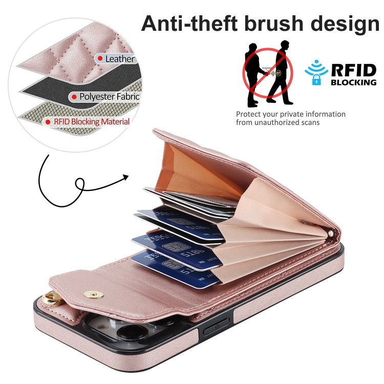 For iPhone 15 Pro Max Rhombic Texture Card Bag Phone Case with Long Lanyard(Rose Gold) - iPhone 15 Pro Max Cases by buy2fix | Online Shopping UK | buy2fix