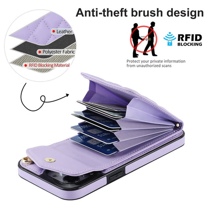 For iPhone 15 Pro Max Rhombic Texture Card Bag Phone Case with Long Lanyard(Light Purple) - iPhone 15 Pro Max Cases by buy2fix | Online Shopping UK | buy2fix