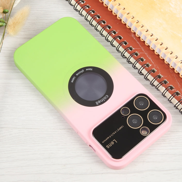 For iPhone 15 Plus Gradient Silicone Shockproof Magsafe Phone Case with Lens Film(Pink Green) - iPhone 15 Plus Cases by buy2fix | Online Shopping UK | buy2fix