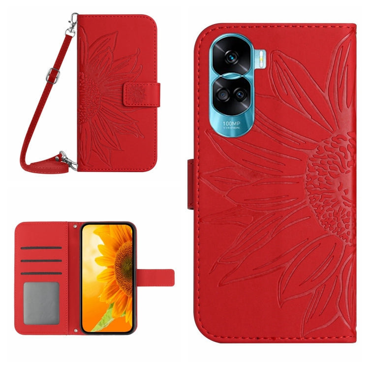 For Honor 90 Lite Skin Feel Sun Flower Pattern Leather Phone Case with Lanyard(Red) - Honor Cases by buy2fix | Online Shopping UK | buy2fix