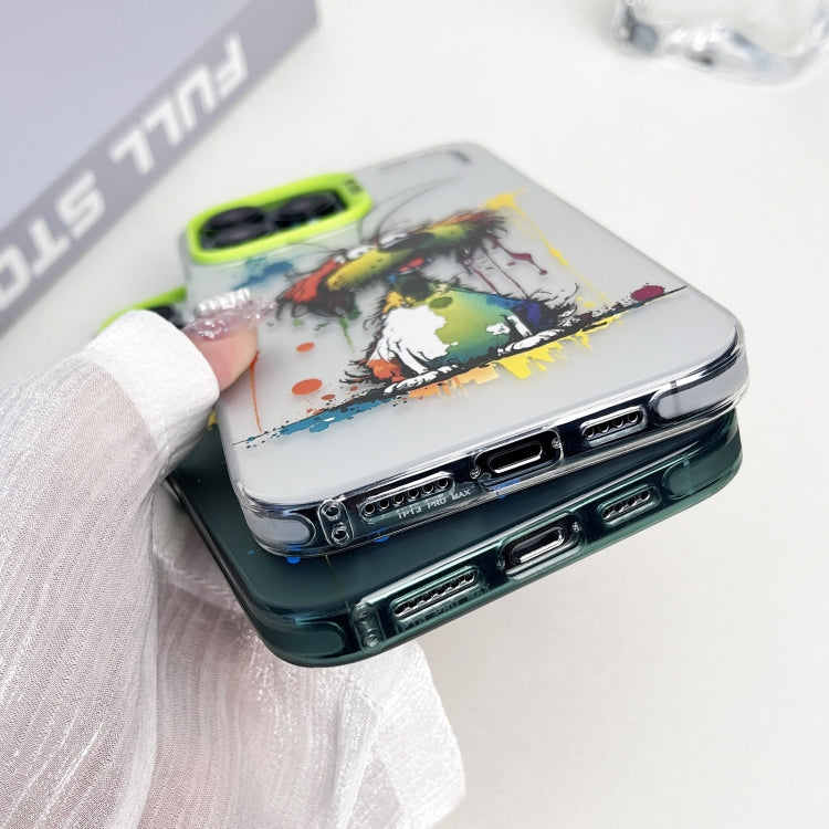 For iPhone 15 Pro Max Double Layer Color Silver Series Animal Oil Painting Phone Case(Green Cat) - iPhone 15 Pro Max Cases by buy2fix | Online Shopping UK | buy2fix