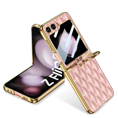 For Samsung Galaxy Z Flip5 GKK Integrated Plating Diamond Texture PU Phone Case with Ring(Pink) - Galaxy Z Flip5 Cases by GKK | Online Shopping UK | buy2fix