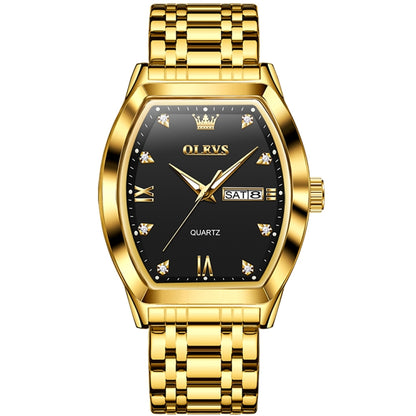 OLEVS 5528 Men Business Dual Calendar Wine Barrel Waterproof Quartz Watch(Black + Gold) - Metal Strap Watches by OLEVS | Online Shopping UK | buy2fix