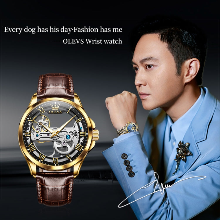 OLEVS 6661 Men Fashion Luminous Waterproof Mechanical Watch(Black + Gold) - Leather Strap Watches by OLEVS | Online Shopping UK | buy2fix