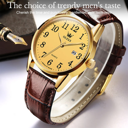 OLEVS 5566 Men Simple Single Calendar Waterproof Quartz Watch(Gold) - Leather Strap Watches by OLEVS | Online Shopping UK | buy2fix