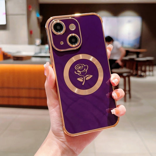 For iPhone 14 Plus Electroplate Side Roses Flower MagSafe Phone Case(Dark Purple) - iPhone 14 Plus Cases by buy2fix | Online Shopping UK | buy2fix