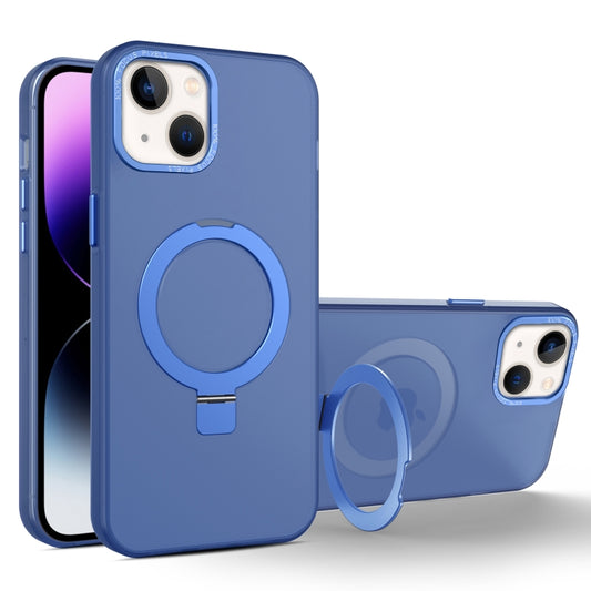 For iPhone 14 MagSafe Metal Holder Frosted Translucent Phone Case(Royal Blue) - iPhone 14 Cases by buy2fix | Online Shopping UK | buy2fix