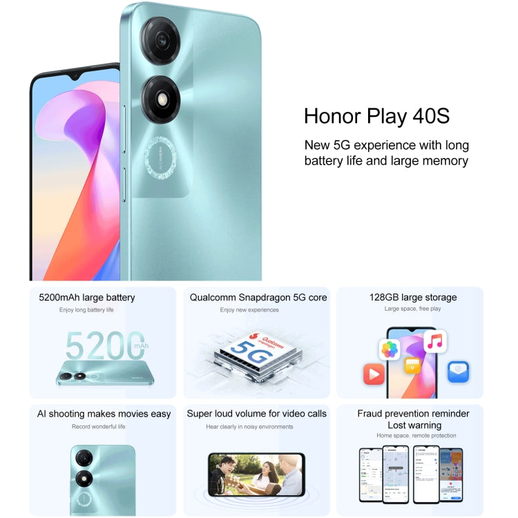 Honor Play 40S 5G, 4GB+128GB, 6.56 inch MagicOS 7.1 Snapdragon 480 Plus Octa Core up to 2.2GHz, Network: 5G, Not Support Google Play(Ink Jade Green) - Honor by Huawei | Online Shopping UK | buy2fix