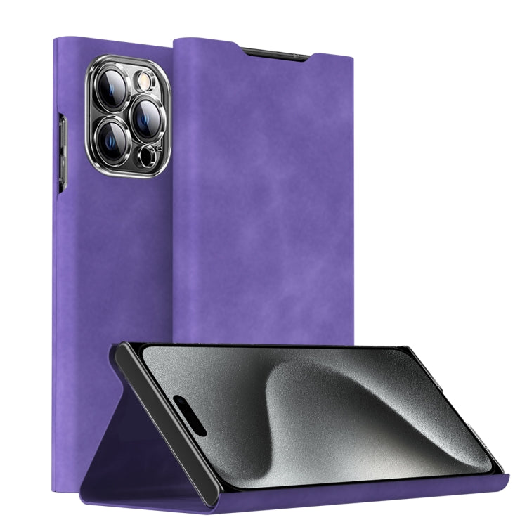 For iPhone 15 Pro Max Magnetic Napa Texture Leather Phone Case with Holder(Purple) - iPhone 15 Pro Max Cases by buy2fix | Online Shopping UK | buy2fix