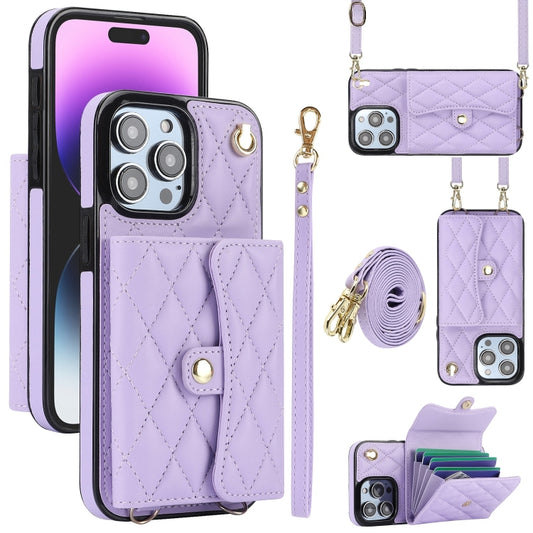 For iPhone 15 Pro Max Crossbody Rhombic Horizontal Wallet Leather Phone Case(Purple) - iPhone 15 Pro Max Cases by buy2fix | Online Shopping UK | buy2fix