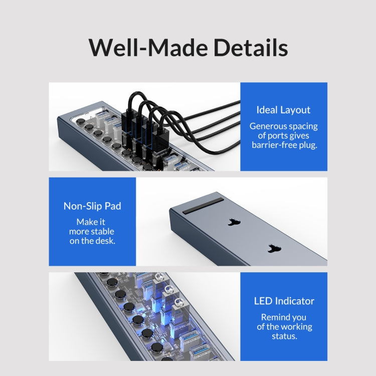 ORICO AT2U3-16AB-GY-BP 16 Ports USB 3.0 HUB with Individual Switches & Blue LED Indicator(US Plug) - USB 3.0 HUB by ORICO | Online Shopping UK | buy2fix