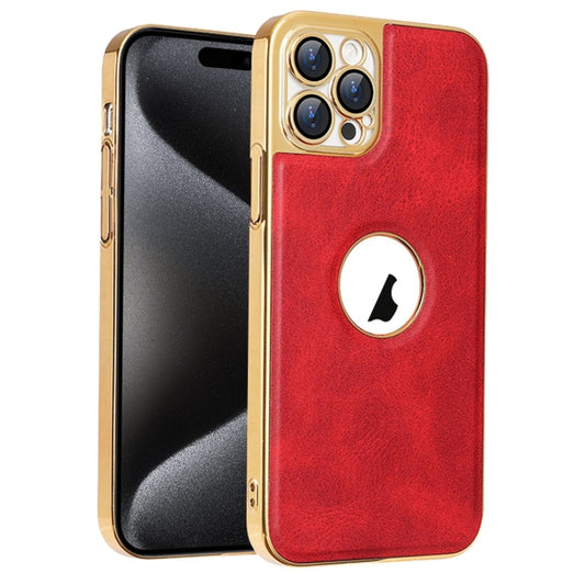 For iPhone 15 Pro Max Electroplated Leather Texture PU + PC Phone Case(Red) - iPhone 15 Pro Max Cases by buy2fix | Online Shopping UK | buy2fix