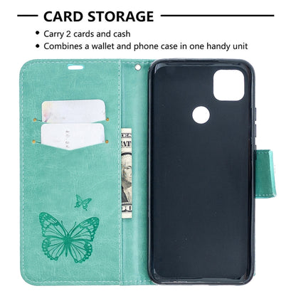 For Xiaomi Redmi 9C Two Butterflies Embossing Pattern Horizontal Flip Leather Case with Holder & Card Slot & Wallet & Lanyard(Green) - Xiaomi Cases by buy2fix | Online Shopping UK | buy2fix