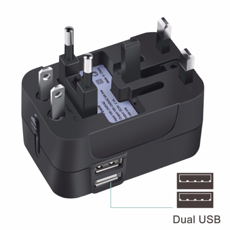 Portable Multi-function Dual USB Ports Global Universal Travel Wall Charger Power Socket, For iPad , iPhone, Galaxy, Huawei, Xiaomi, LG, HTC and Other Smart Phones, Rechargeable Devices(Black) - Consumer Electronics by buy2fix | Online Shopping UK | buy2fix