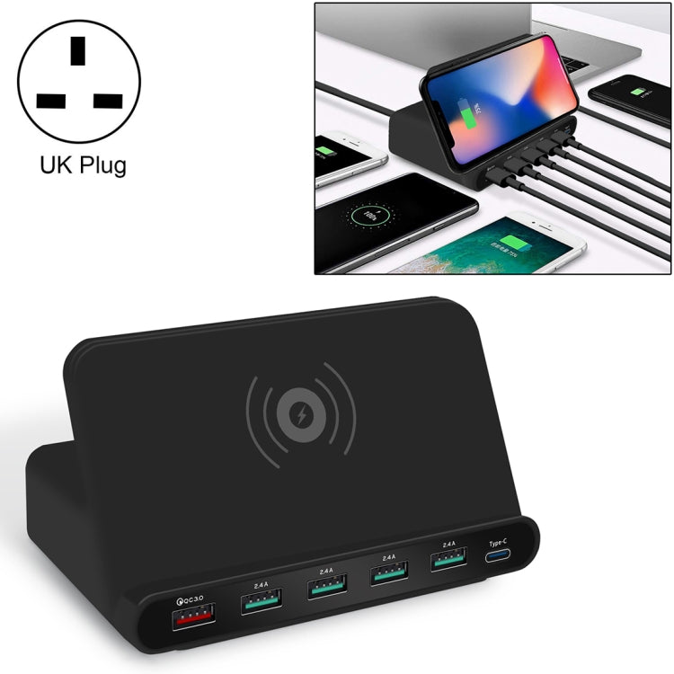 828W 7 in 1 60W QC 3.0 USB Interface + 4 USB Ports + USB-C / Type-C Interface + Wireless Charging Multi-function Charger with Mobile Phone Holder Function, UK Plug(Black) - Multifunction Charger by buy2fix | Online Shopping UK | buy2fix