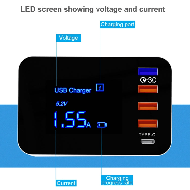 CDA33Q 40W QC 3.0 USB + 3 USB Ports + USB-C / Type-C Ports Multi-function Charger with LED Display, EU Plug - Multifunction Charger by buy2fix | Online Shopping UK | buy2fix