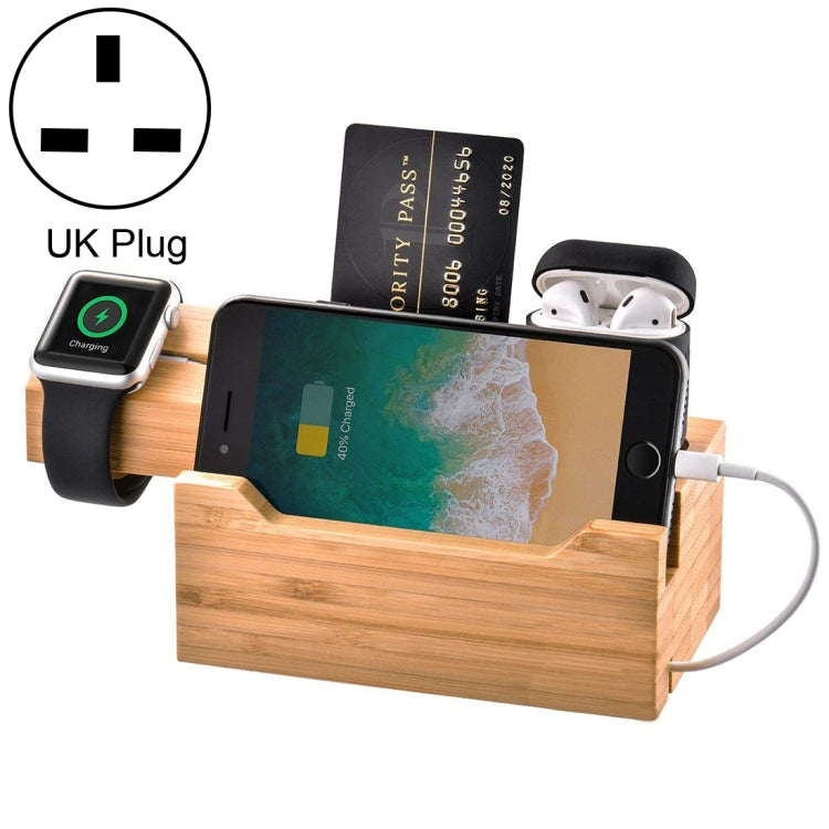 Multi-function Bamboo Charging Station Charger Stand Management Base with 3 USB Ports, For Apple Watch, AirPods, iPhone, UK Plug - Others by buy2fix | Online Shopping UK | buy2fix