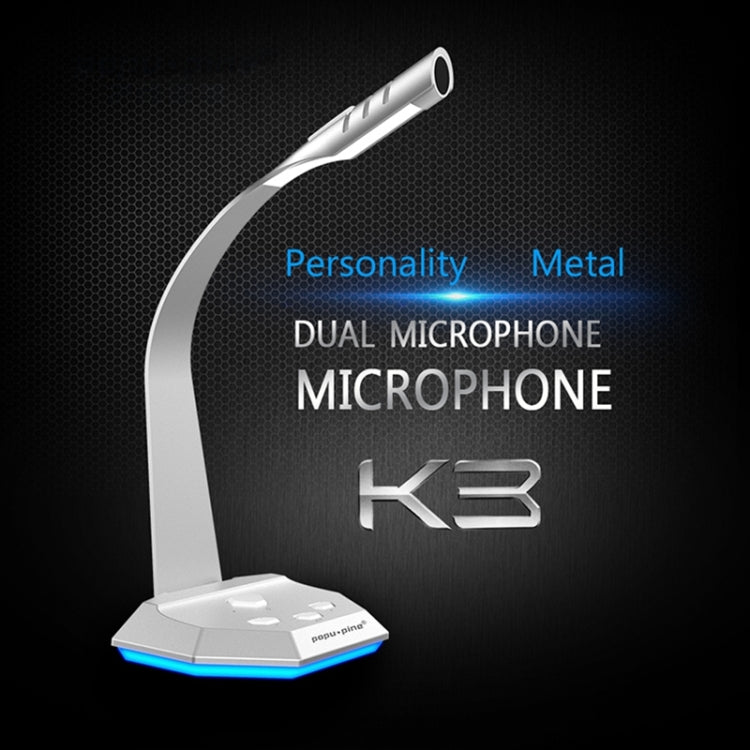 K3 Desktop Omnidirectional USB Wired Dual Mic Condenser Microphone with LED Night Light, Compatible with PC / Mac for Live Broadcast, Show, KTV, etc(Silver) - Consumer Electronics by buy2fix | Online Shopping UK | buy2fix