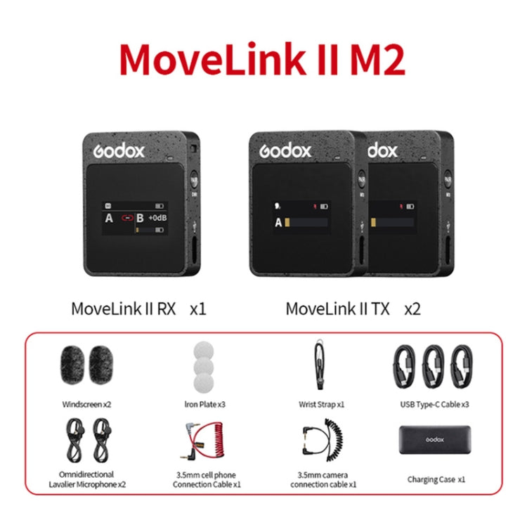 Godox MoveLink II M2 Wireless Lavalier Microphone System with 2 Transmitters and 1 Receiver for DSLR Cameras and Camcorders (Black) - Consumer Electronics by Godox | Online Shopping UK | buy2fix