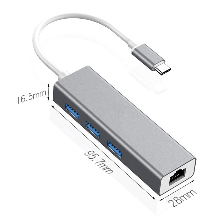 USB-C / Type-C to Fast Ethernet RJ45 & 3 x USB 3.0 Adapter Converter HUB(Grey) - Computer & Networking by buy2fix | Online Shopping UK | buy2fix