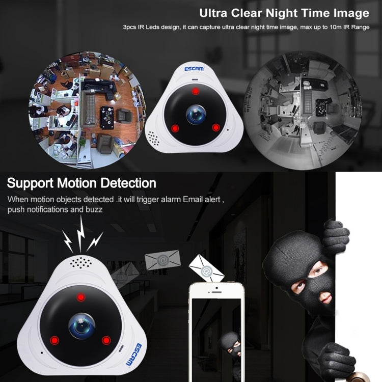 ESCAM Q8 960P 360 Degrees Fisheye Lens 1.3MP WiFi IP Camera, Support Motion Detection / Night Vision, IR Distance: 5-10m, US Plug(White) - 360 Degree Camera by ESCAM | Online Shopping UK | buy2fix