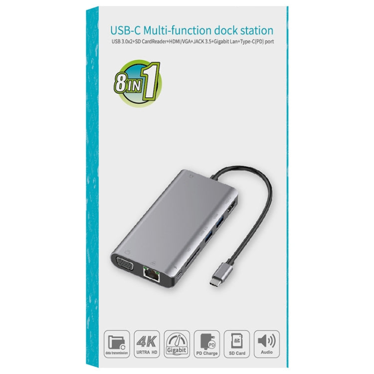 Onten 9591BD 8 in 1 USB-C / Type-C to PD USB-C / Type-C Charging + Gigabit Ethernet + Dual USB 3.0 + HDMI + VGA + SD Card Slot + 3.5mm AUX HUB(Silver) - USB HUB by Onten | Online Shopping UK | buy2fix