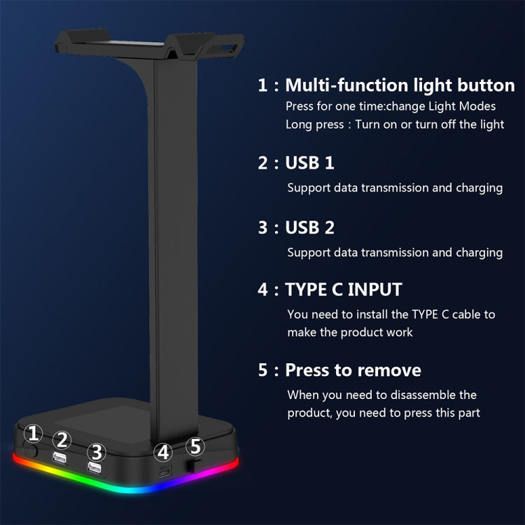 RGBD9 Colorful Glowing Gaming Headset Display Stand with Charging + Data Transmission Dual USB Interface (Black) - Apple Accessories by buy2fix | Online Shopping UK | buy2fix