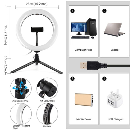 PULUZ 10.2 inch 26cm Selfie Beauty Light + Desktop Tripod Mount USB 3 Modes Dimmable LED Ring Vlogging Selfie Photography Video Lights with Cold Shoe Tripod Ball Head & Phone Clamp(Black) - Ring Light by PULUZ | Online Shopping UK | buy2fix