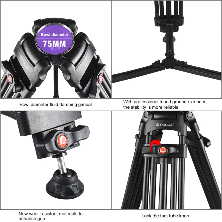 PULUZ 3 in 1 (Tripod + Bowl Adapter + Black Fluid Drag Head) Heavy Duty Video Camcorder Aluminum Alloy Tripod Mount Kit for DSLR / SLR Camera, Adjustable Height: 62-152cm - Tripods by PULUZ | Online Shopping UK | buy2fix