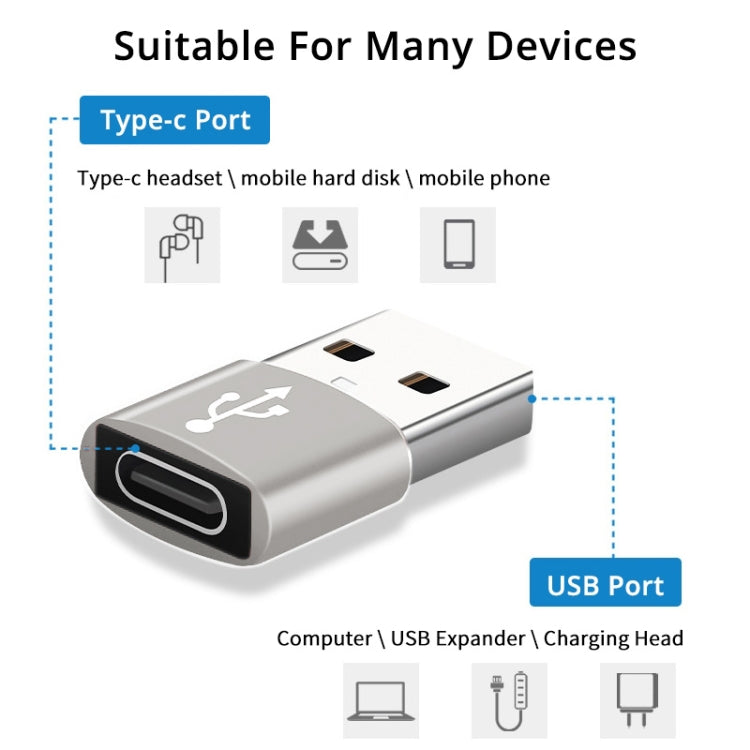 USB-C / Type-C Female to USB 2.0 Male Aluminum Alloy Adapter, Support Charging & Transmission(Silver) - Type-C Adapter by buy2fix | Online Shopping UK | buy2fix