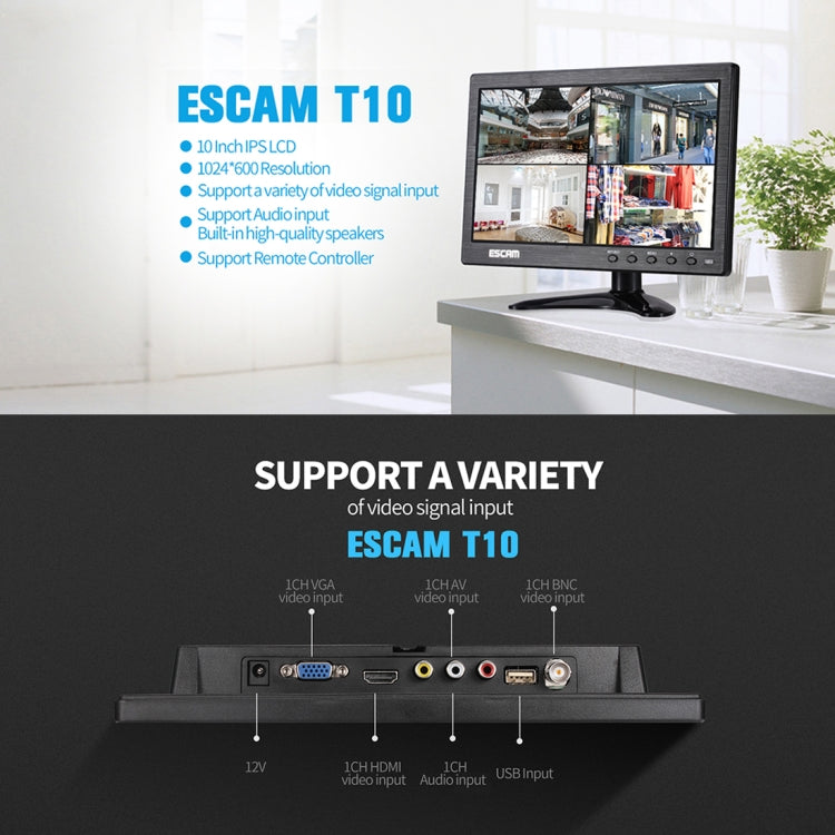 ESCAM T10 10.0 inch TFT LCD 1024x600 Monitor with VGA & HDMI & AV & BNC & USB for PC CCTV Security - Consumer Electronics by ESCAM | Online Shopping UK | buy2fix