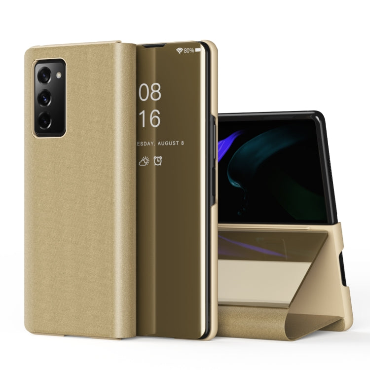 For Samsung Galaxy Z Fold2 5G Plated Mirror Horizontal Flip Leather Case with Holder(Gold) - Samsung Accessories by buy2fix | Online Shopping UK | buy2fix