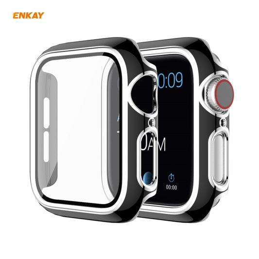 ENKAY Hat-Prince Full Coverage Electroplated PC Case + Tempered Glass Protector for Apple Watch Series 6 / 5 / 4 / SE 44mm(Black+Silver) - Watch Cases by ENKAY | Online Shopping UK | buy2fix