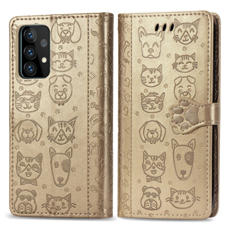 For Samsung Galaxy A52 5G/4G Cute Cat and Dog Embossed Horizontal Flip Leather Case with Holder & Card Slots & Wallet & Crossbody Lanyard & Card Cover(Gold) - Galaxy Phone Cases by buy2fix | Online Shopping UK | buy2fix