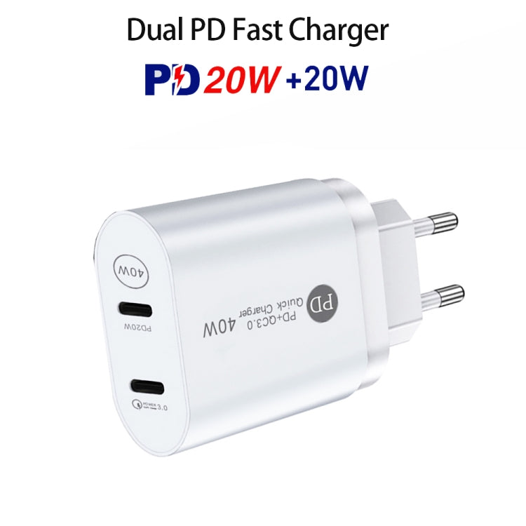 002 40W Dual Port PD / Type-C Fast Charger with USB-C to 8 Pin Data Cable, EU Plug(White) - Apple Accessories by buy2fix | Online Shopping UK | buy2fix