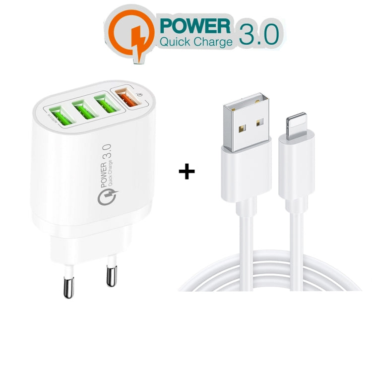 QC-04 QC3.0 + 3 x USB2.0 Multi-ports Charger with 3A USB to 8 Pin Data Cable, EU Plug(White) - USB Charger by buy2fix | Online Shopping UK | buy2fix