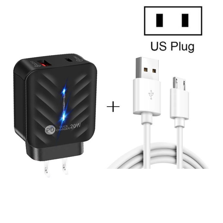 PD03 20W PD3.0 + QC3.0 USB Charger with USB to Micro USB Data Cable, US Plug(Black) - Mobile Accessories by buy2fix | Online Shopping UK | buy2fix