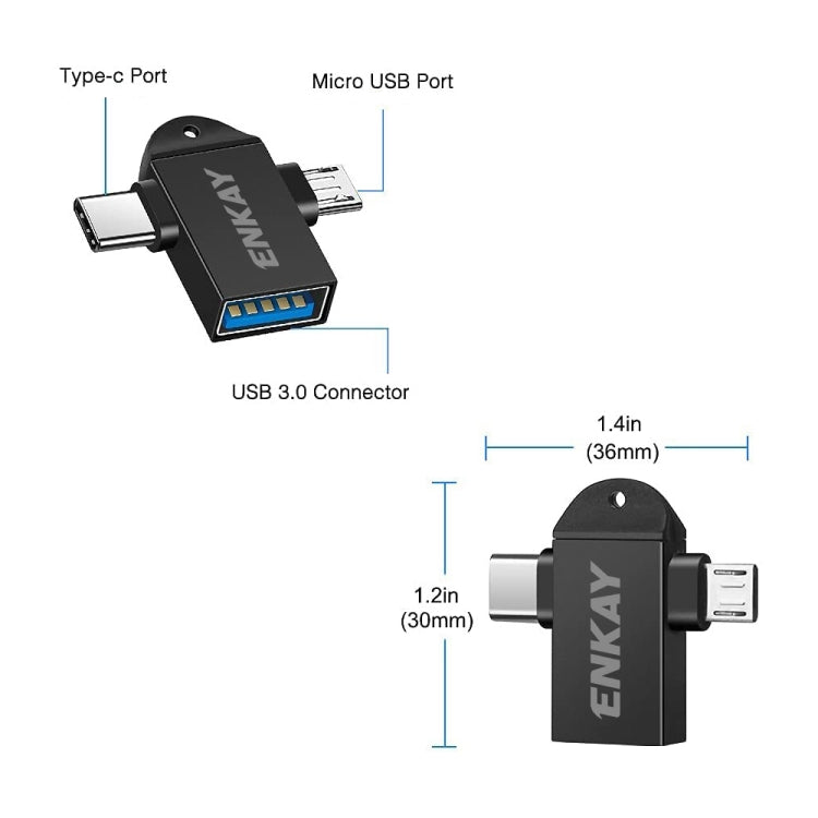 ENKAY ENK-AT112 2 in 1 Type-C + Micro USB to USB 3.0 Aluminium Alloy OTG Adapter(Black) - OTG Adapter by ENKAY | Online Shopping UK | buy2fix