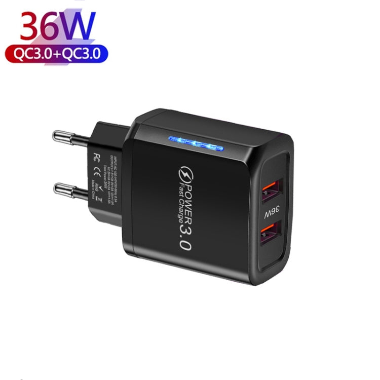 36W Dual Port QC3.0 USB Mobile Phone Charger Dual 18W Output, EU Plug(Black) - USB Charger by buy2fix | Online Shopping UK | buy2fix