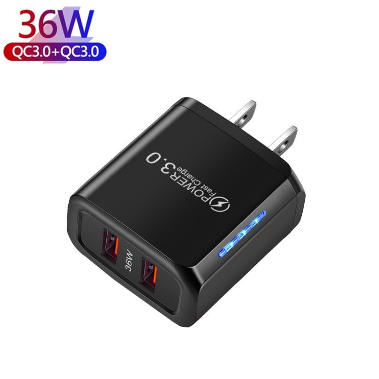 36W Dual Port QC3.0 USB Charger with 3A USB to Type-C Data Cable, US Plug(Black) - Mobile Accessories by buy2fix | Online Shopping UK | buy2fix