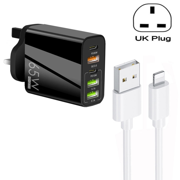 65W Dual PD Type-C + 3 x USB Multi Port Charger with 3A USB to 8 Pin Data Cable, UK Plug(Black) - Apple Accessories by buy2fix | Online Shopping UK | buy2fix