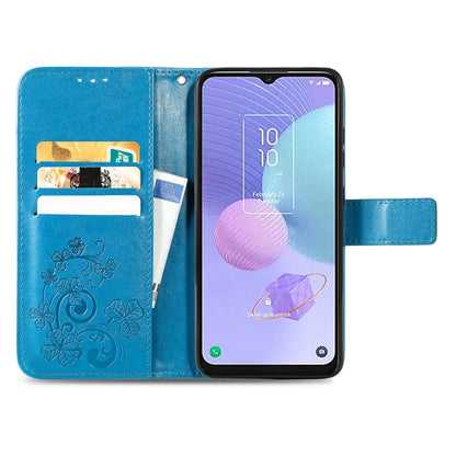 For TCL 405 Four-leaf Clasp Embossed Buckle Leather Phone Case(Blue) - More Brand by buy2fix | Online Shopping UK | buy2fix