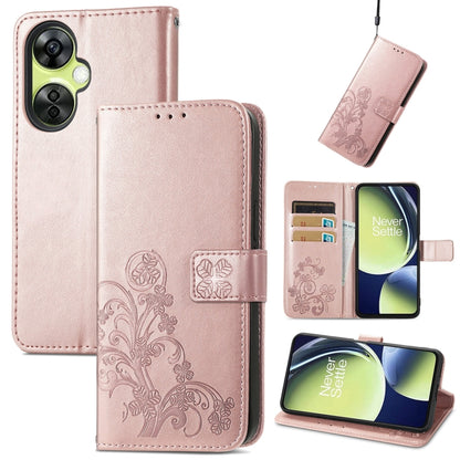 For OnePlus Nord CE 3 Lite Four-leaf Clasp Embossed Buckle Leather Phone Case(Rose Gold) - OnePlus Cases by buy2fix | Online Shopping UK | buy2fix