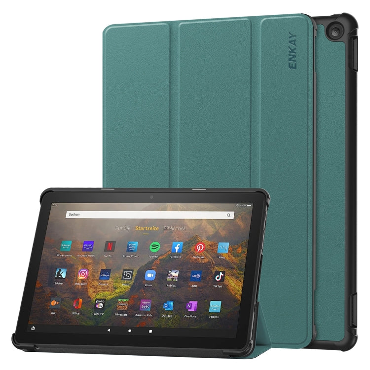 For Amazon Fire HD 10 2023 ENKAY ENKAY Tri-fold Custer Texture Leather Smart Tablet Case(Dark Green) - Amazon by ENKAY | Online Shopping UK | buy2fix