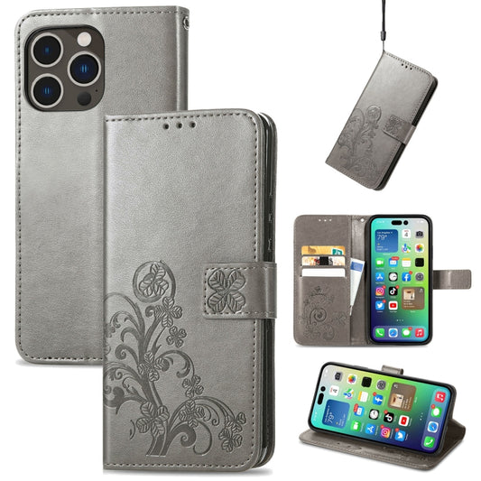 For iPhone 15 Pro Four-leaf Clasp Embossed Buckle Leather Phone Case(Gray) - iPhone 15 Pro Cases by buy2fix | Online Shopping UK | buy2fix