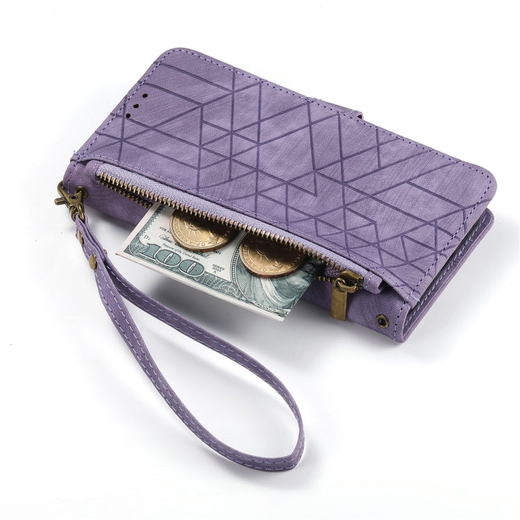 For iPhone 15 Plus Geometric Zipper Wallet Side Buckle Leather Phone Case(Purple) - iPhone 15 Plus Cases by buy2fix | Online Shopping UK | buy2fix