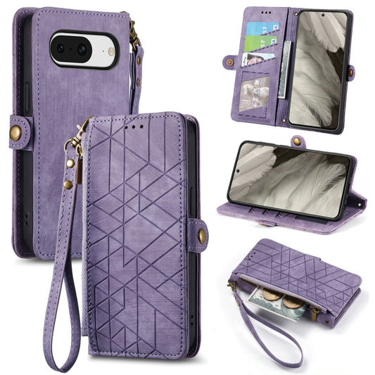 For Google Pixel 8 Geometric Zipper Wallet Side Buckle Leather Phone Case(Purple) - Google Cases by buy2fix | Online Shopping UK | buy2fix